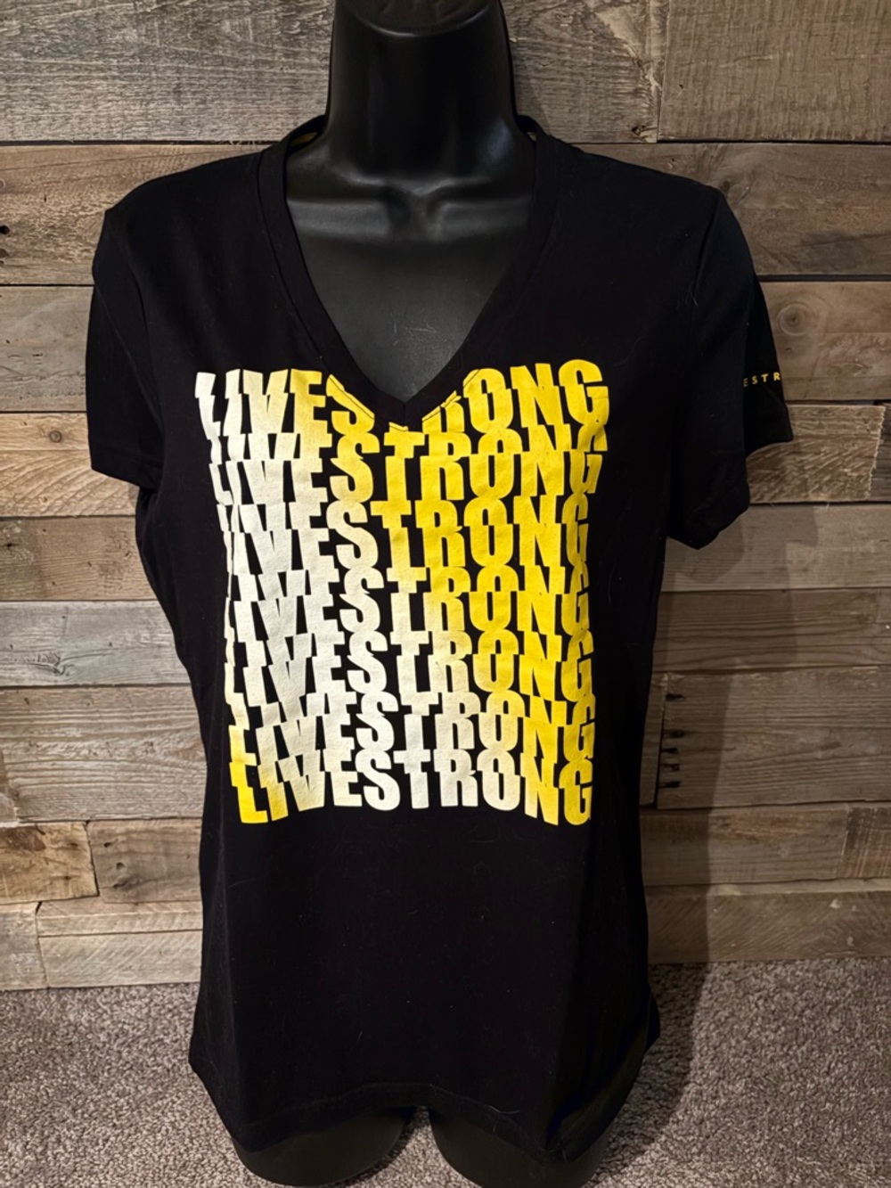 Nike, Livestrong Black V-Neck Tee with Yellow & White Logo
